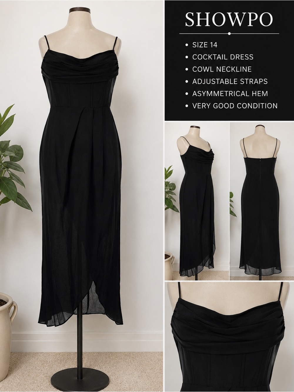 Showpo. Black Asymmetrical Cowl Neck Midi Dress